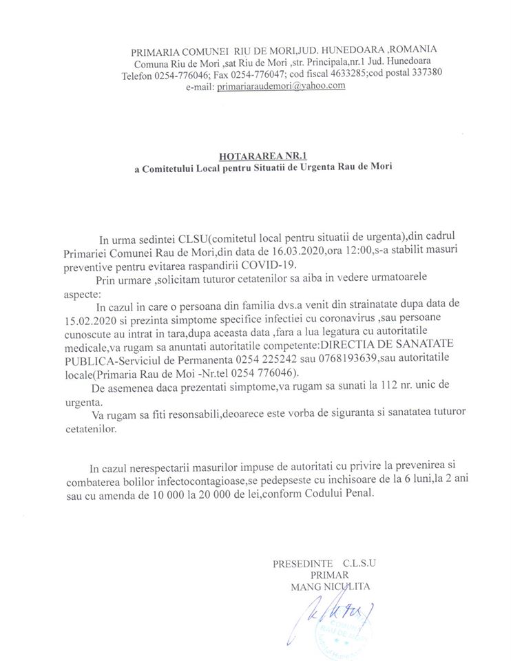 Măsuri pentru prevenirea coronavirusului şi la Râu de Mori. Apelul primarului Niculiţă Mang