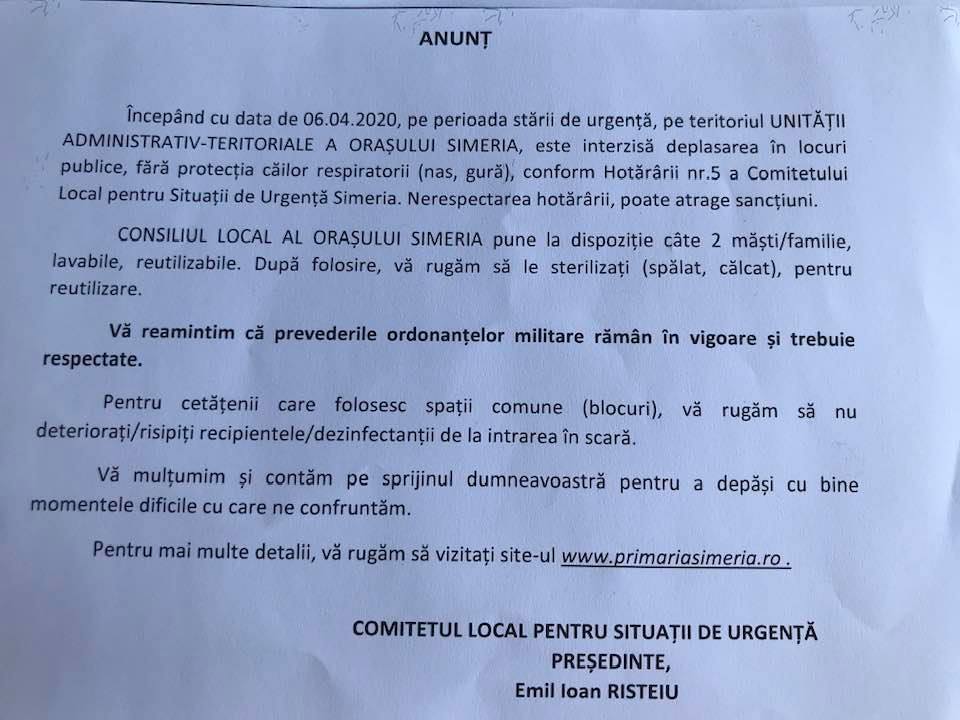 Simeria, primul oraş din judeţ unde purtarea măștilor de protecție în spații publice a devenit obligatorie, de astăzi