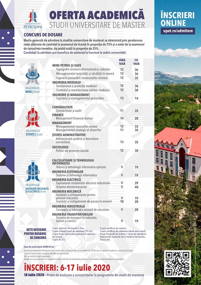 Universitatea Petroşani – ofertă academică diversificată pentru viitorii studenţi. Peste 2.000 de locuri disponibile, la toate formele de învăţământ