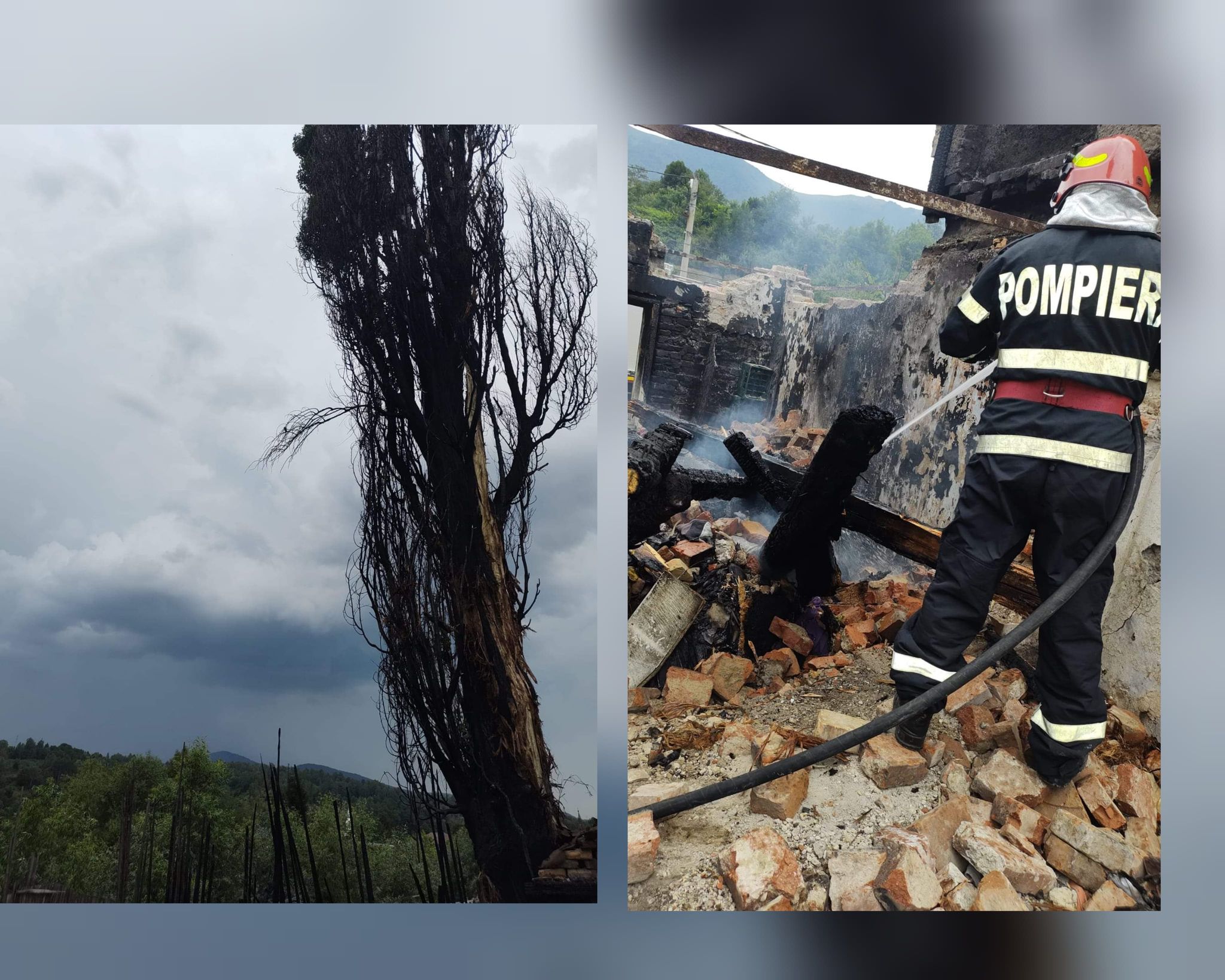 Copac lovit de fulger, în Lupeni. Pompierii au intervenit pentru a stinge focul ce s-a extins în apropierea unei case nelocuite