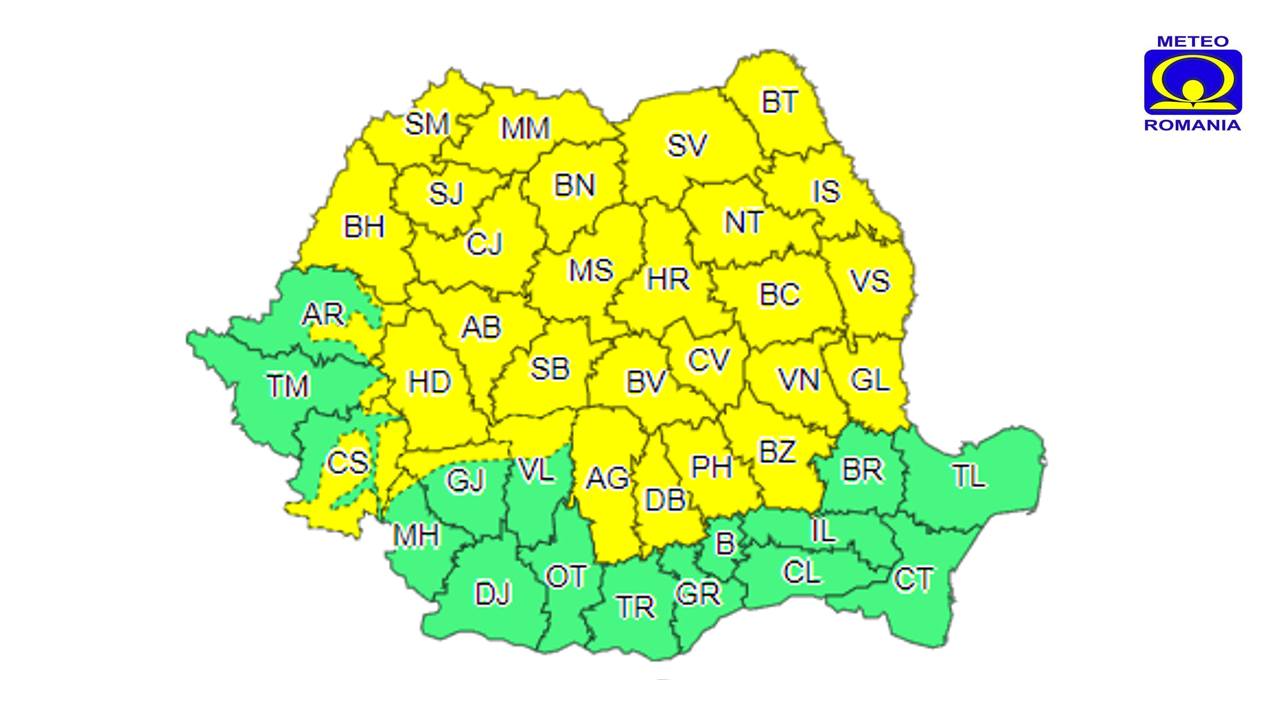 Cod galben de ploi, valabil până în această seară, în mare parte din țară, inclusiv în Hunedoara
